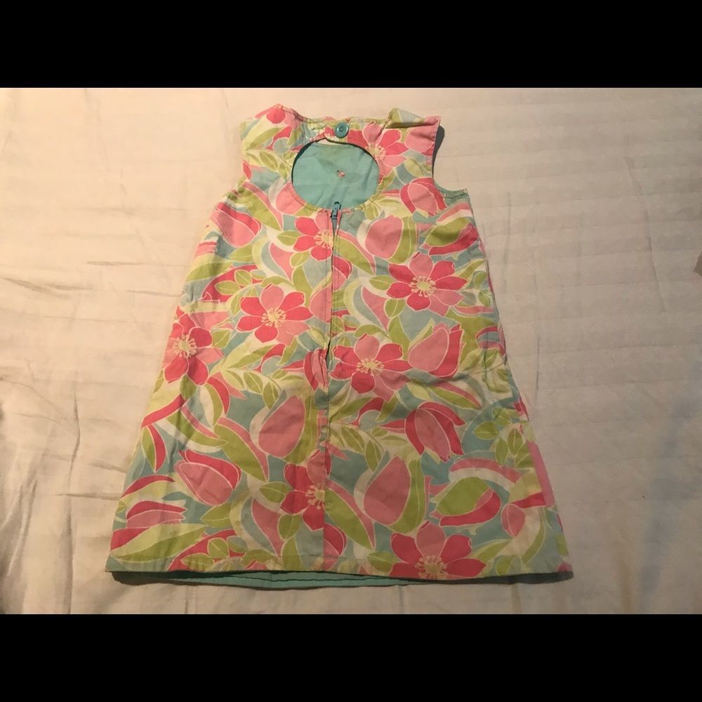 Reversible cotton girl dress floral and flamingo, round cutout back. 4T - Picture 3 of 4
